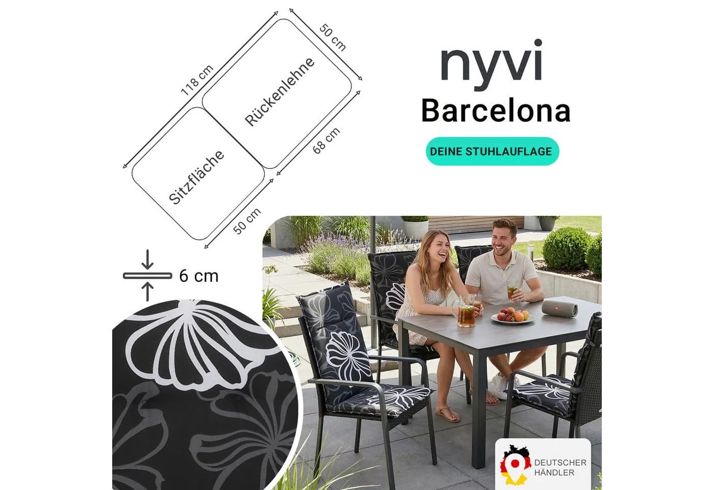 NYVI Gartenstuhl-Auflage Barcelona Hochlehner 4er Set Schwarz Black Flower
