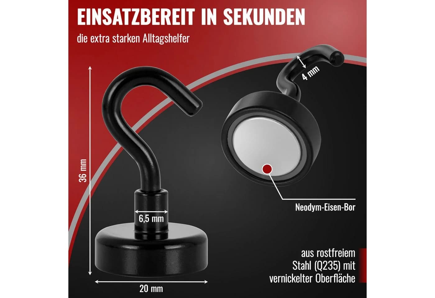 Poppstar Dekomagnet Neodym Magnet-Haken Schwarz 12kg Haftkraft