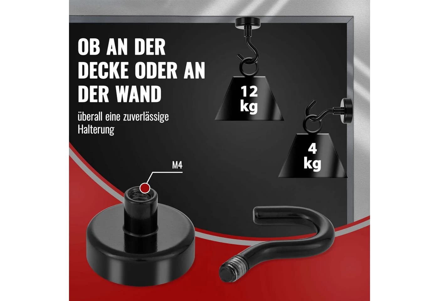 Poppstar Dekomagnet Neodym Magnet-Haken Schwarz 12kg Haftkraft - Bild 3