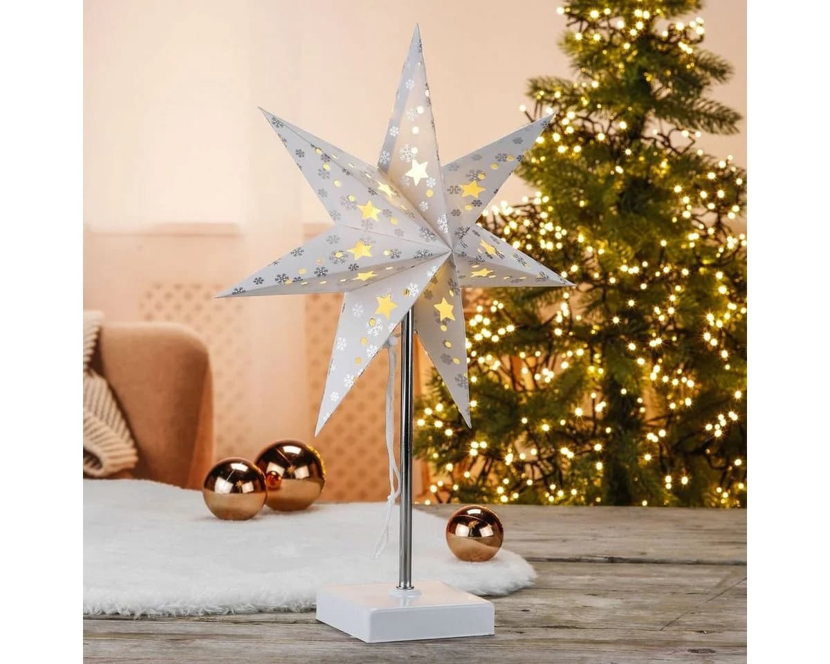 bonsport LED Stern Papierstern mit Schneeflocken und Standfuß Weiß - Bild 2
