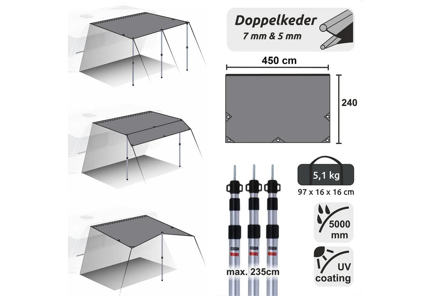 yourGEAR Caravan Tarp Sonnensegel Beige/Grau mit Teleskopstangen - Bild 4