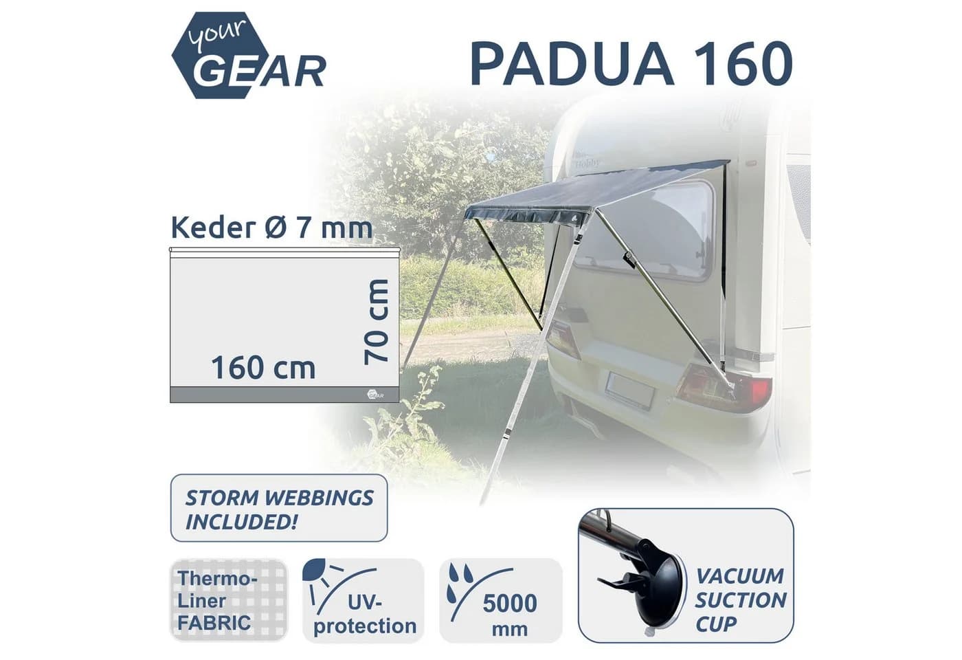 yourGEAR Padua Fenstermarkise für Wohnwagen UV-Schutz grau