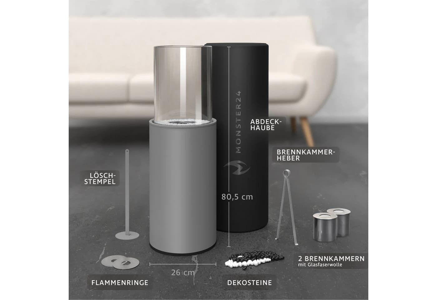 Monster24 Bio-Ethanol Standkamin Edelstahl Grau