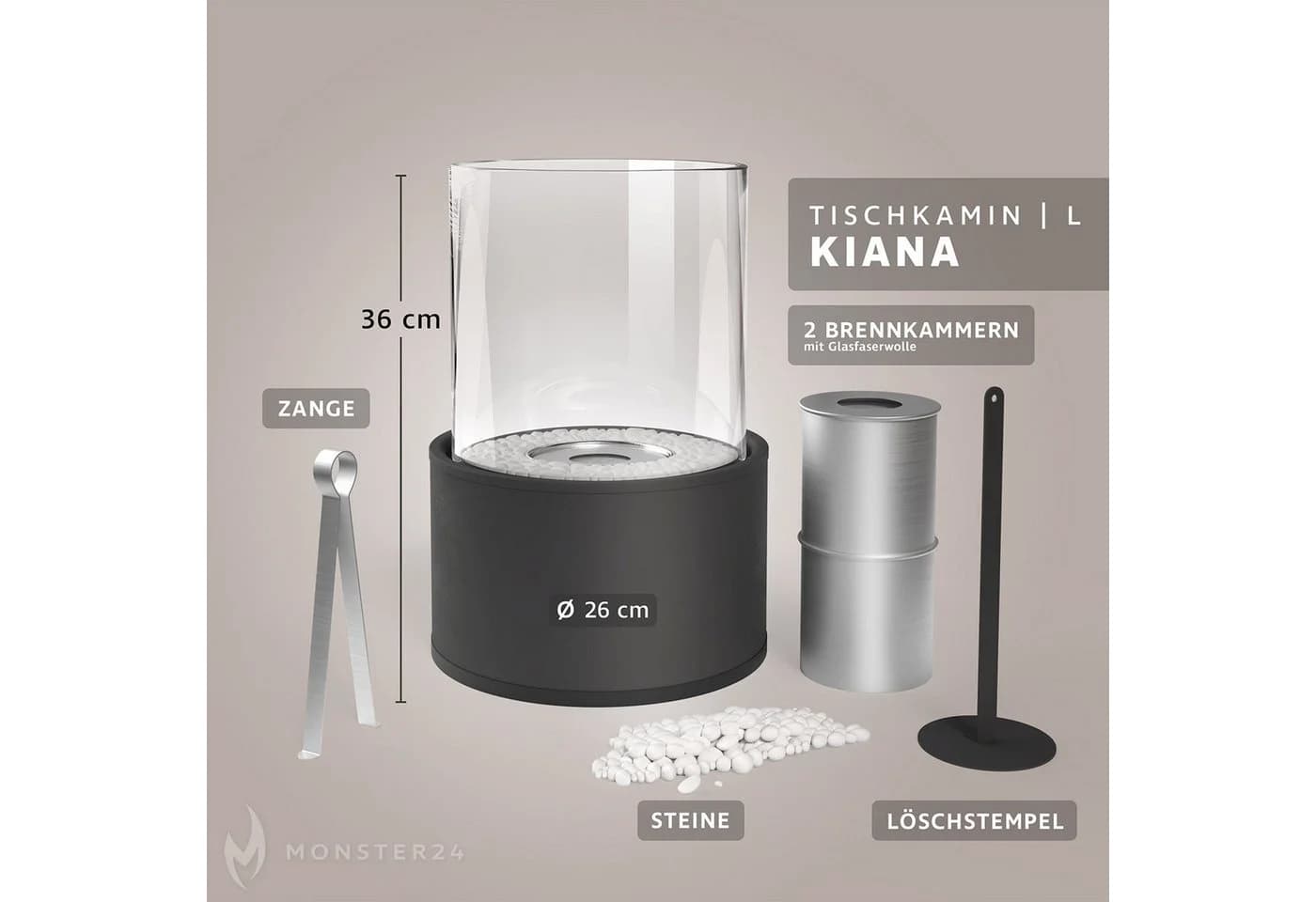 Monster24 Bio-Ethanol Tischkamin Anthrazit mit Glaszylinder