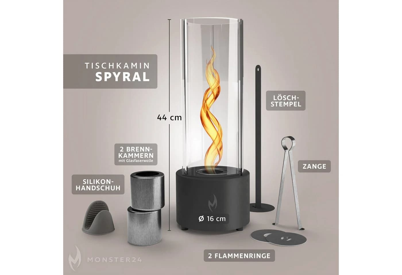 Monster24 Echtfeuer-Dekokamin Bio-Ethanol Tischkamin Anthrazit Tornado-Flamme