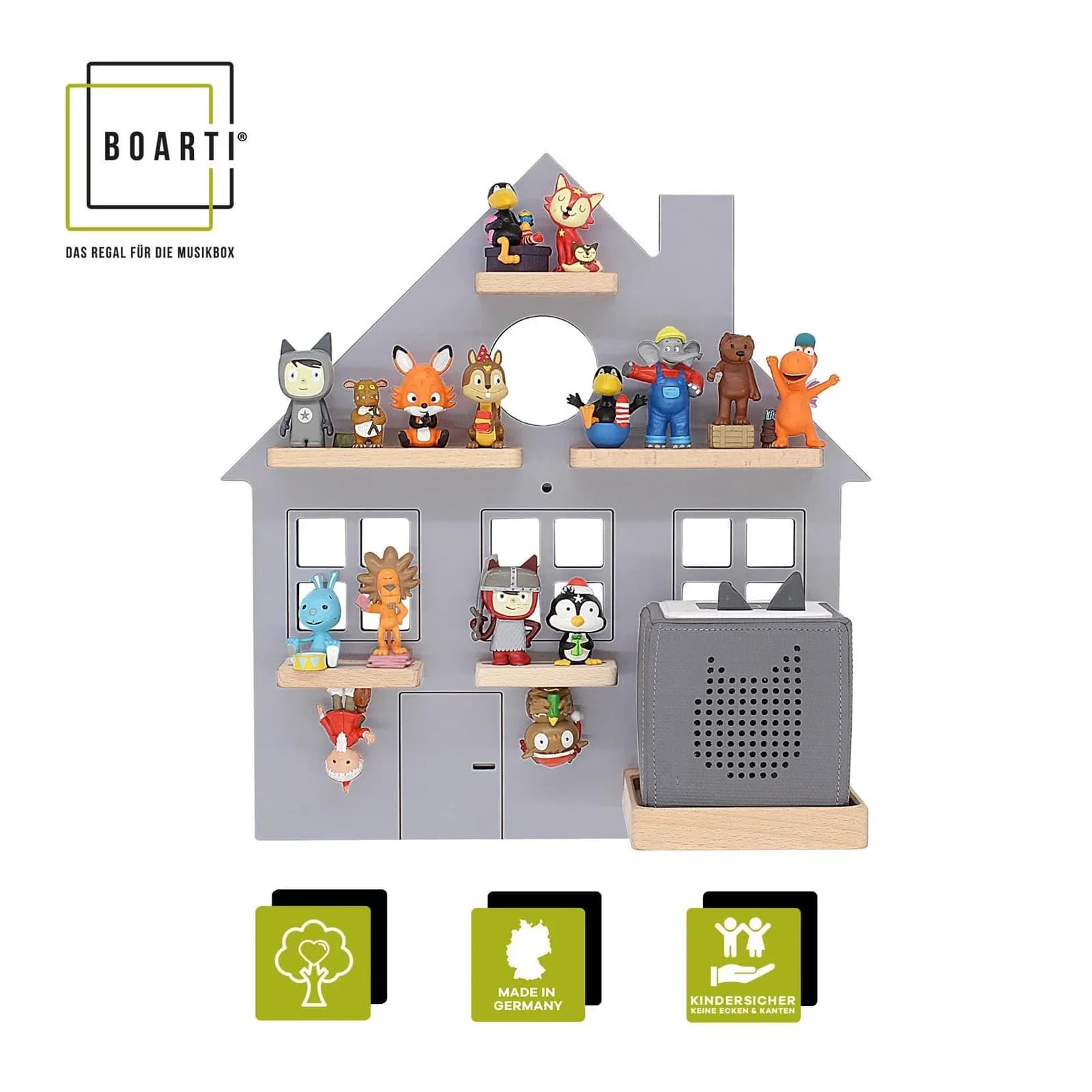 BOARTI Wandregal Haus Grau Kinderregal für Toniebox