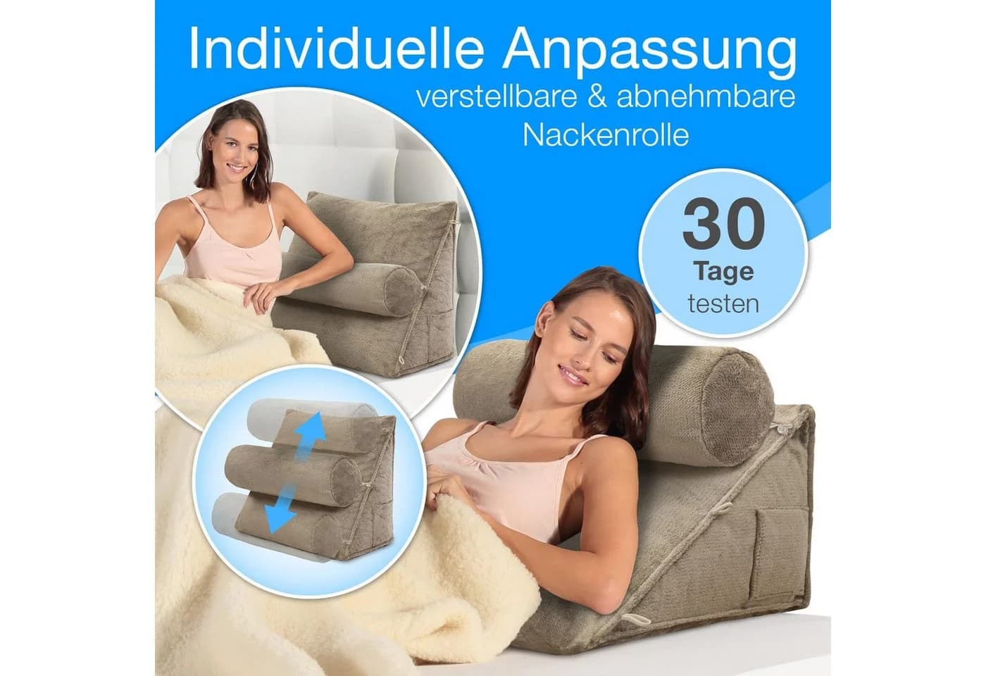 ELONEO Rückenkissen mit Nackenrolle Beige für Sofa & Bett - Bild 3