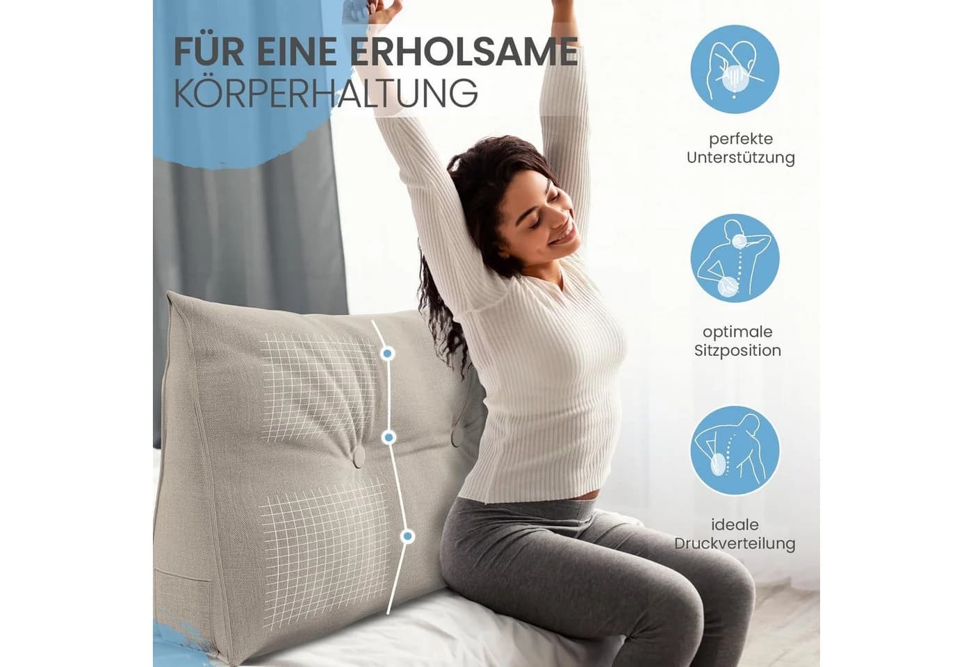 ELONEO Rückenkissen Keilkissen für Bett und Sofa, Lesekissen mit praktischem Seitenfach