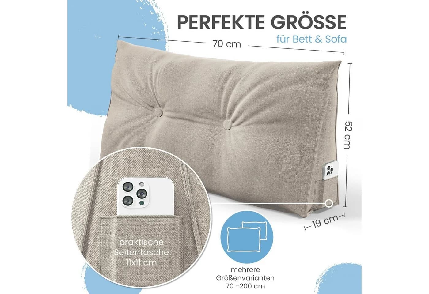 ELONEO Rückenkissen Keilkissen für Bett und Sofa, Lesekissen mit praktischem Seitenfach - Bild 3