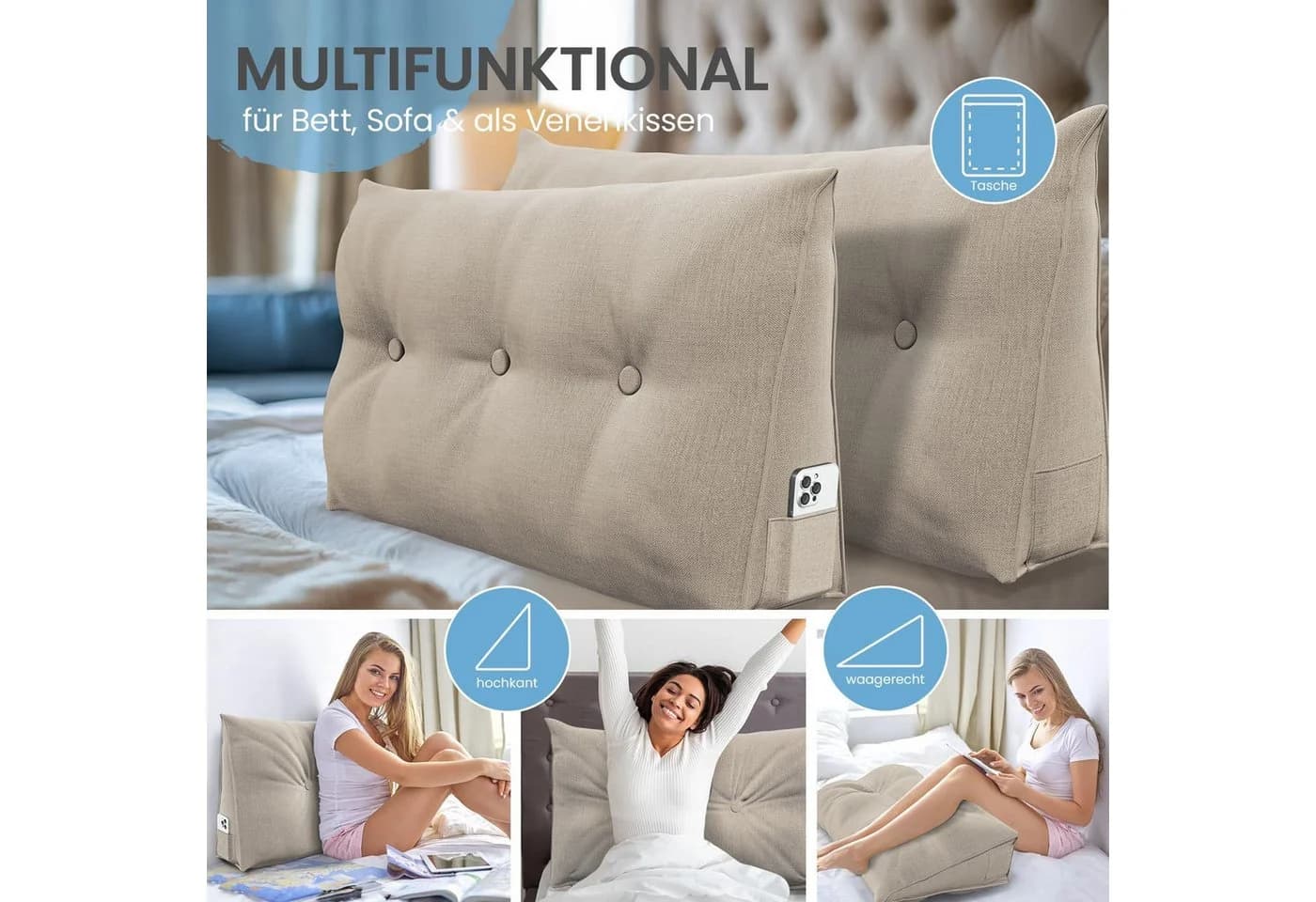 ELONEO Rückenkissen Keilkissen für Bett und Sofa, Lesekissen mit praktischem Seitenfach - Bild 5