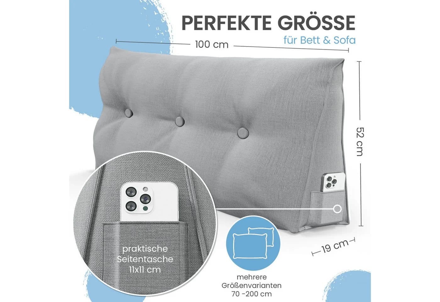 ELONEO Rückenkissen Keilkissen für Bett und Sofa 70cm