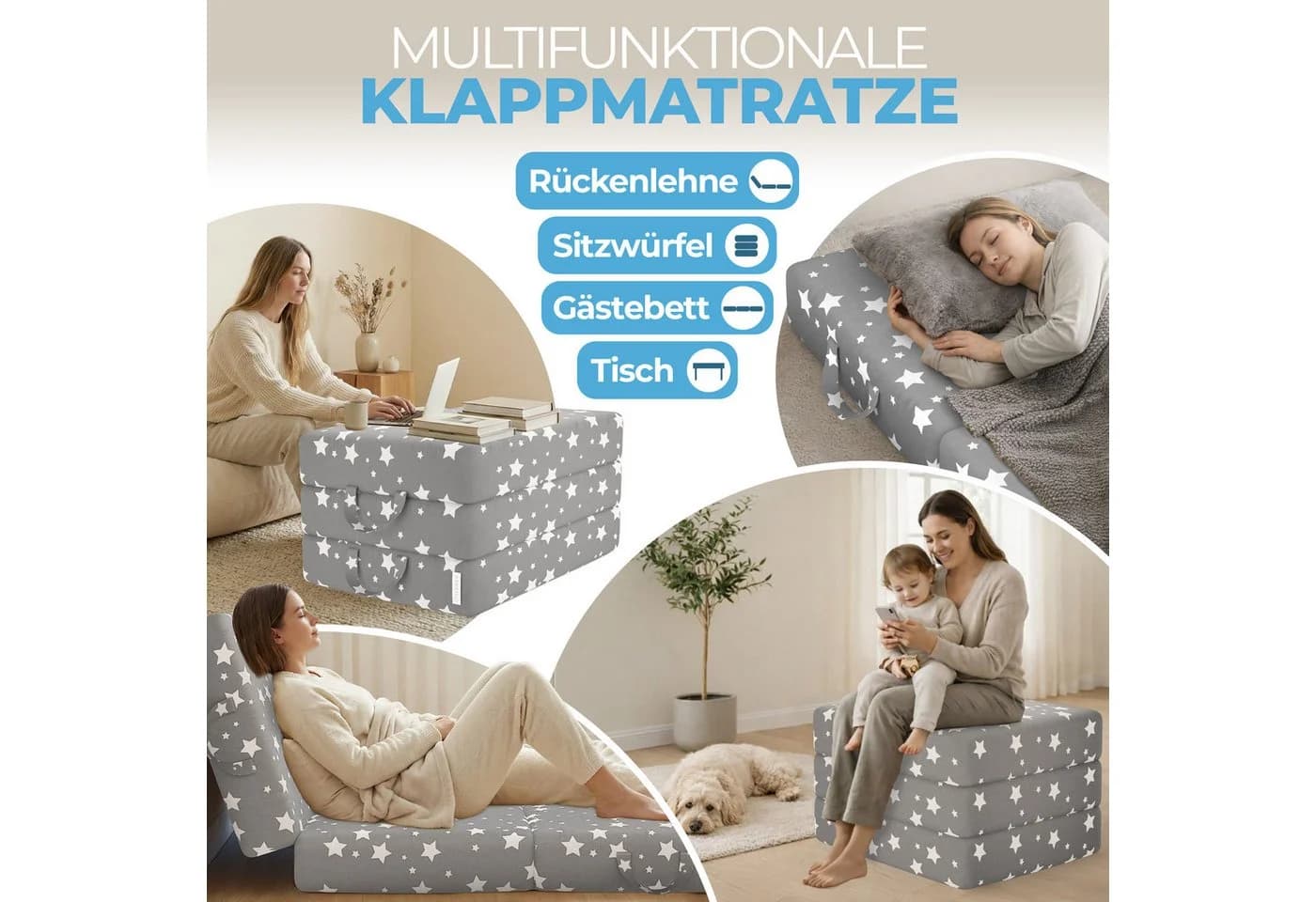 ELONEO Klappmatratze 3-teilig, Gästematratze mit extra dicken Schaumstoff, 15 cm hoch, waschbarer Bezug, geeignet für Hausstauballergiker, schadstoffgeprüft - Bild 3