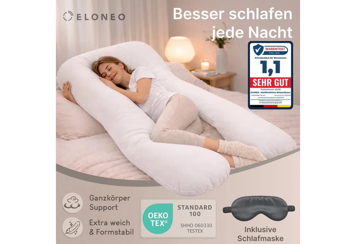 ELONEO Seitenschläferkissen U-Form Schwangerschaftskissen Weiß - Bild 3