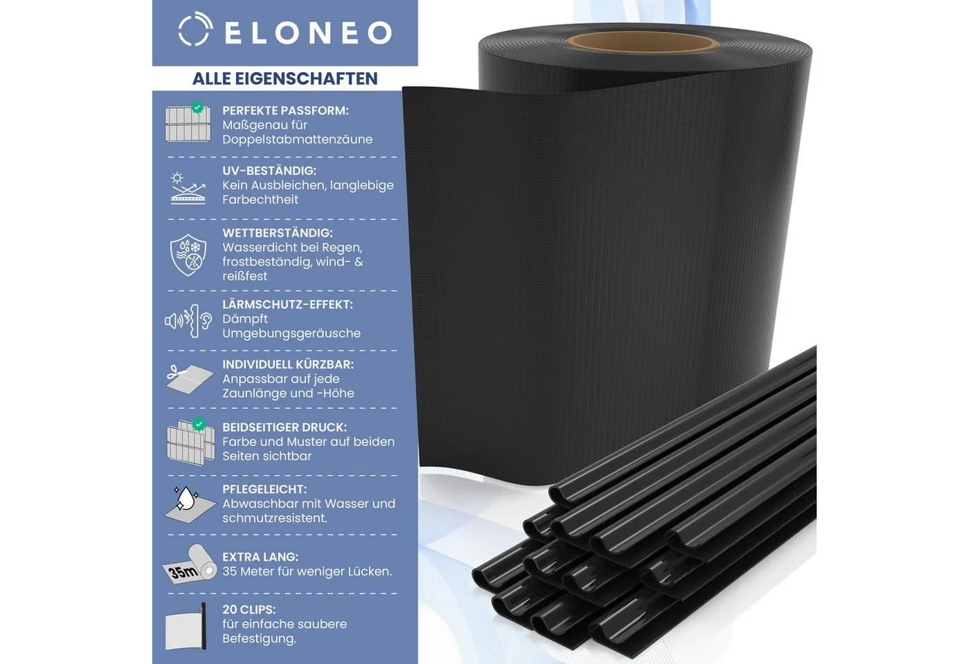 ELONEO PVC Sichtschutzstreifen für Doppelstabmattenzaun 35m x 19cm 1er-Set Dunkelgrau