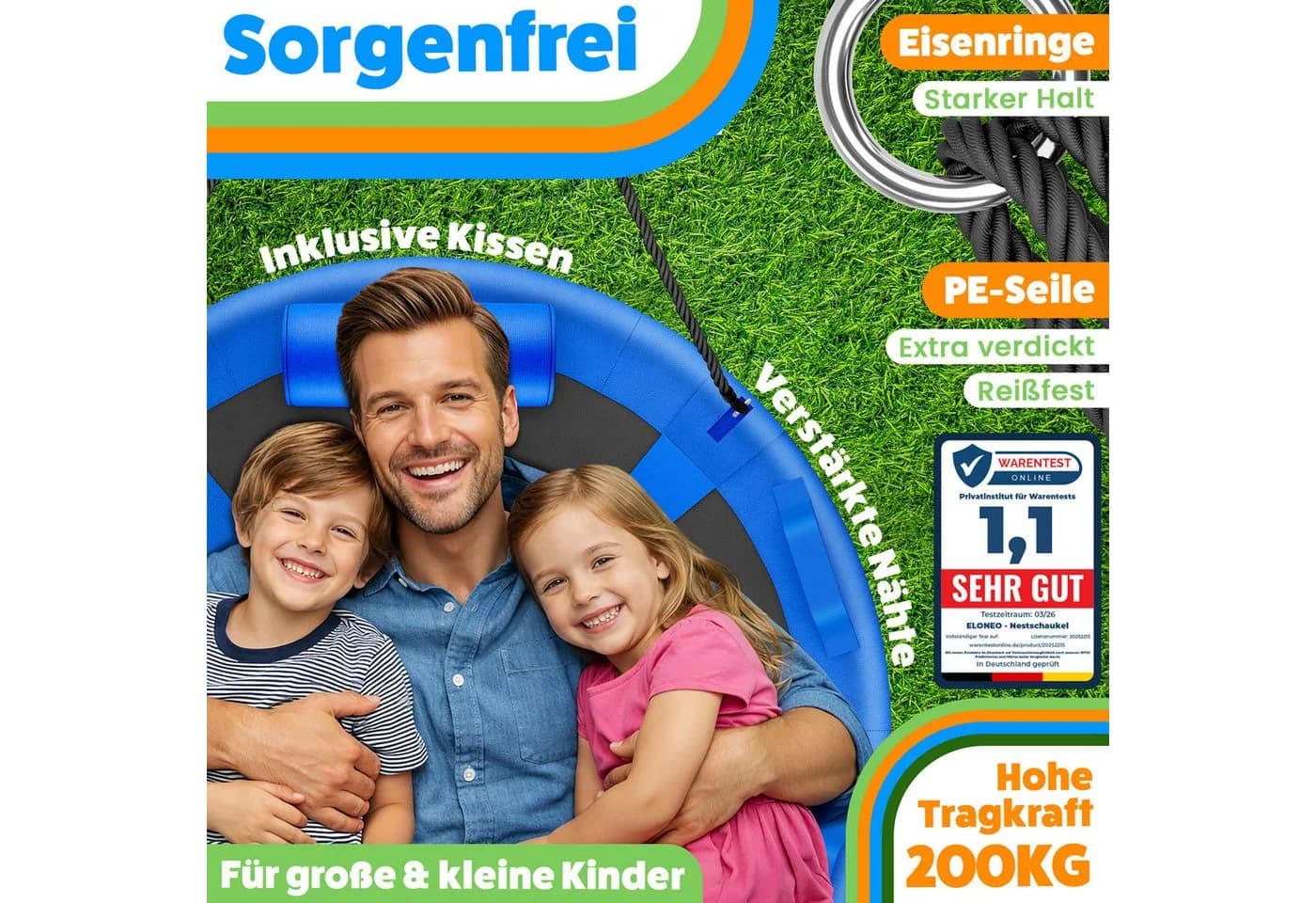 ELONEO Nestschaukel Outdoor Indoor Blau 90cm mit Kissen - Bild 5