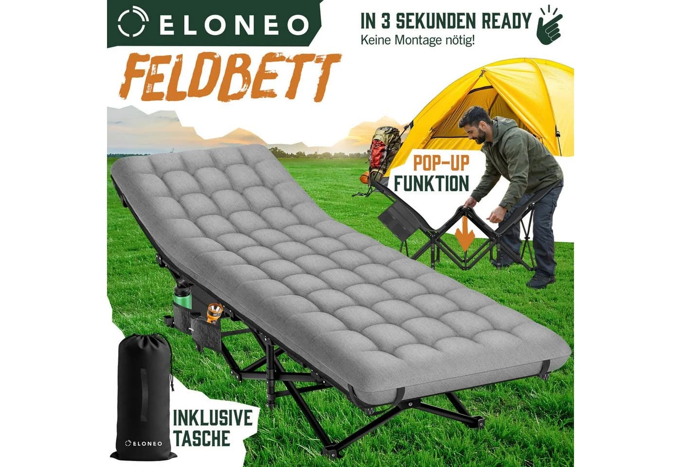 ELONEO Feldbett mit Premium Auflage – Klappbar, 200kg Traglast, Grau - Bild 2
