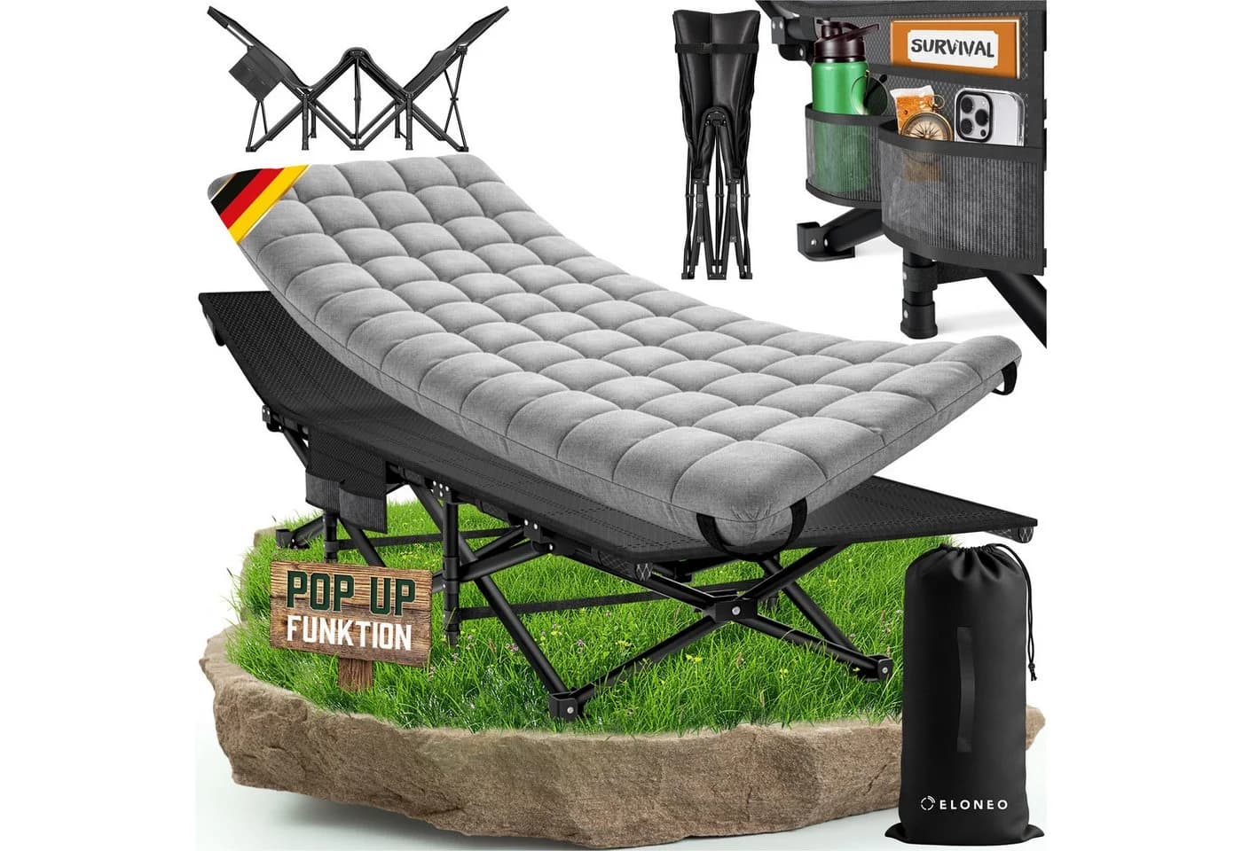 ELONEO Feldbett mit Premium Auflage – Klappbar, 200kg Traglast, Grau - Bild 3