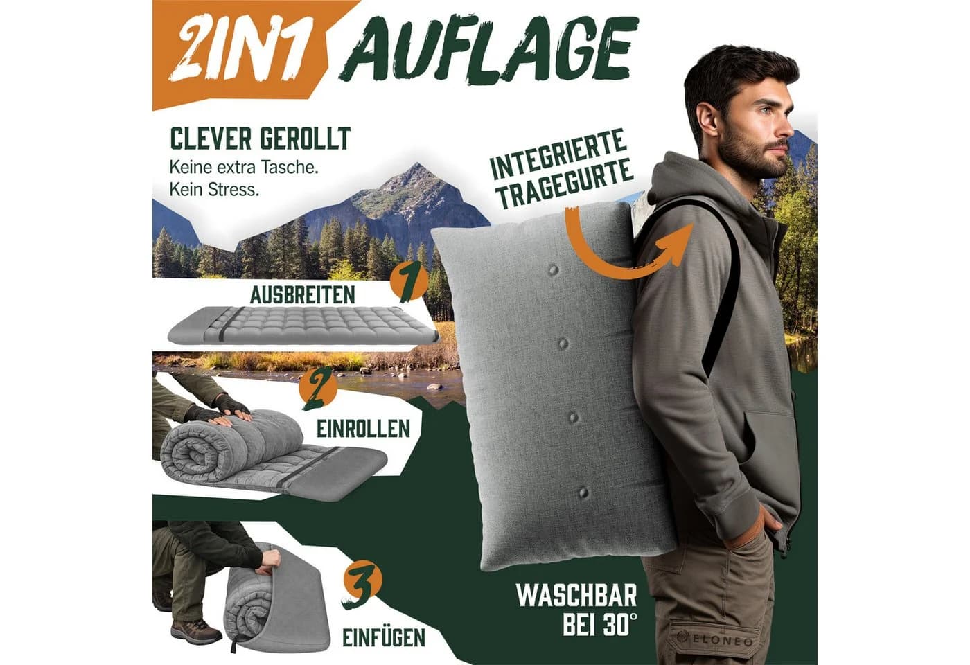 ELONEO Feldbett mit Premium Auflage – Klappbar, 200kg Traglast, Grau - Bild 4