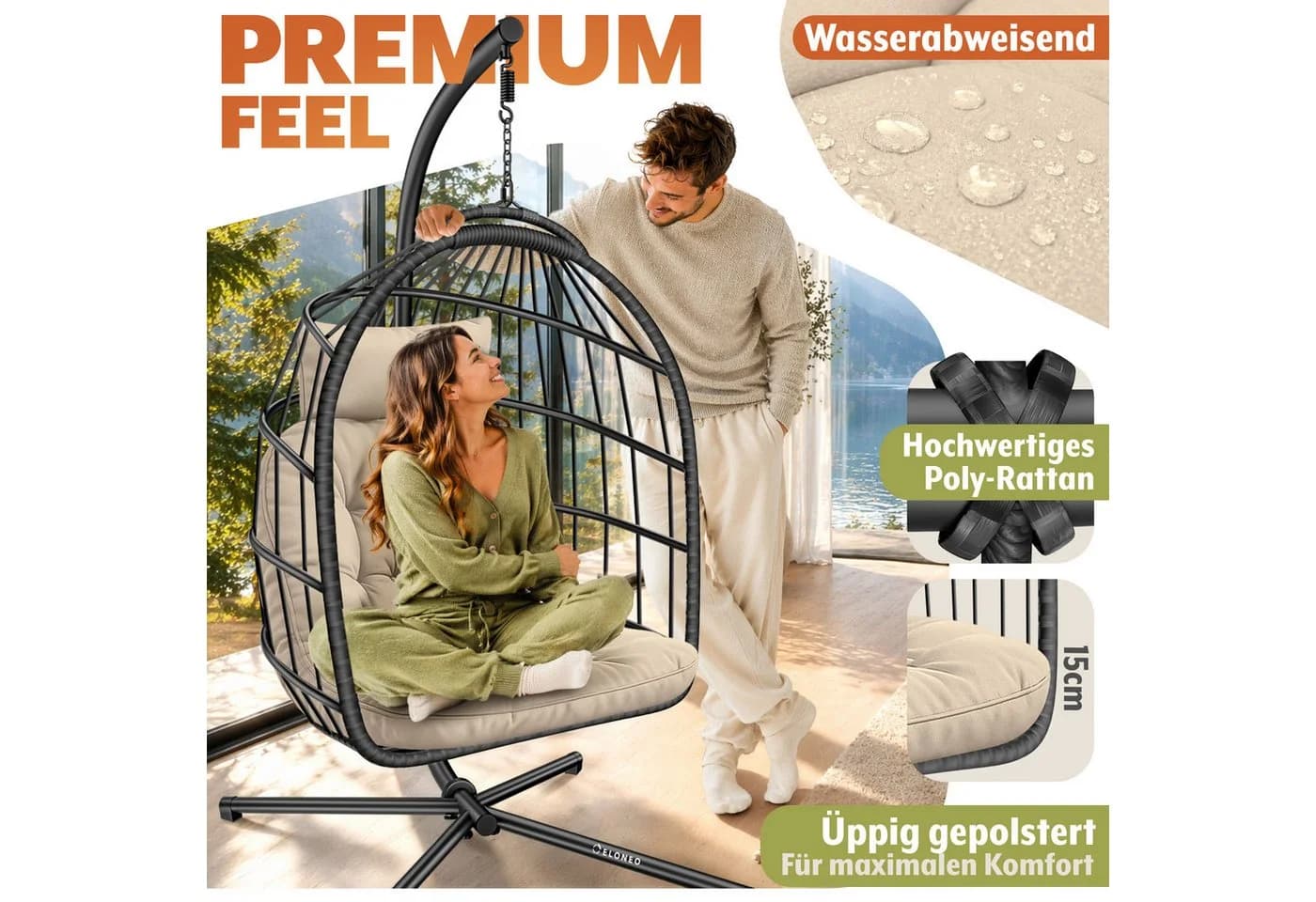 ELONEO Hängesessel mit Gestell, faltbar, wetterbeständig, grau/beige - Bild 3
