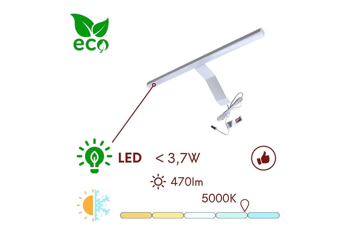 kalb LED-Spiegelleuchte Lancea 34cm Steckdose & Schalter silbergrau - Bild 3