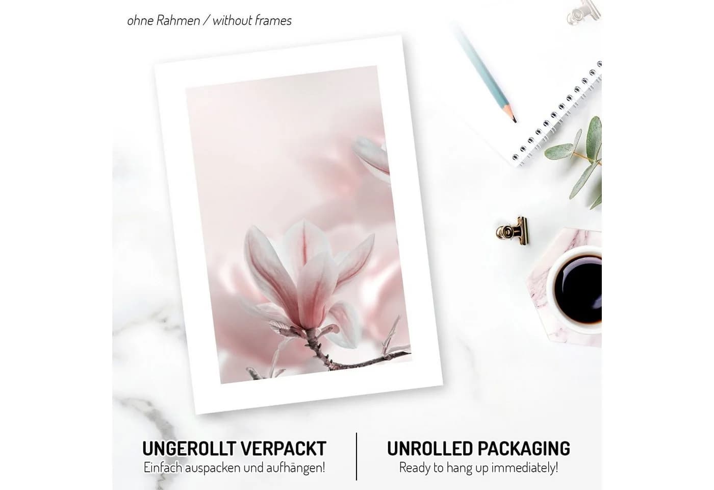 Kreative Feder Poster Premium Set 3-teilig „Magnolie“ Rosa