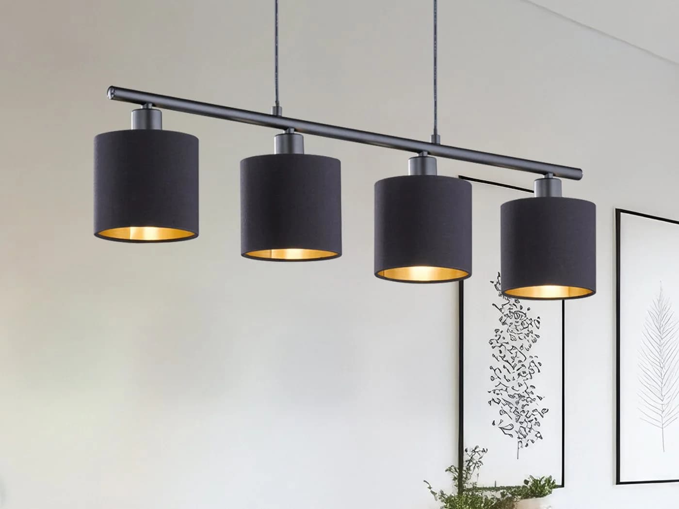 Reality Leuchten LED Pendelleuchte Dimmbar Schwarz Gold 4-flammig