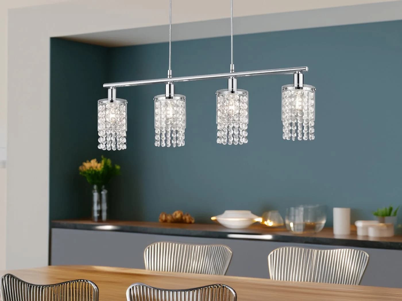 Reality Leuchten LED Pendelleuchte, Dimmfunktion, LED wechselbar, Warmweiß, ausgefallene mit Kristall-Behang hängend über Esstisch, B: 80cm