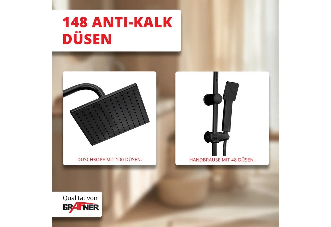 Grafner Duschsystem Schwarz mit Regenschauerduschkopf und Handbrause - Bild 4