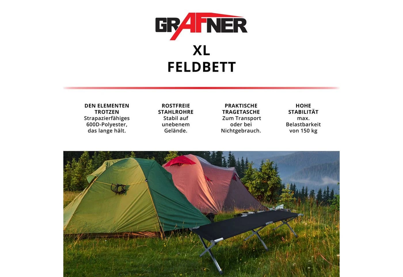 Grafner Feldbett Klappbar Campingbett Schwarz mit Tragetasche