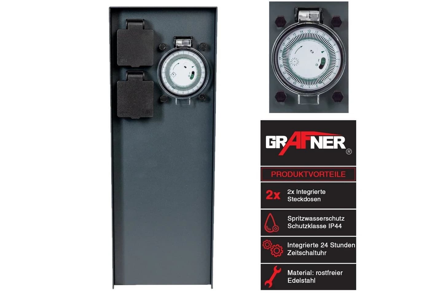 Grafner Gartensteckdose Edelstahl mit Timer 2-fach Anthrazit