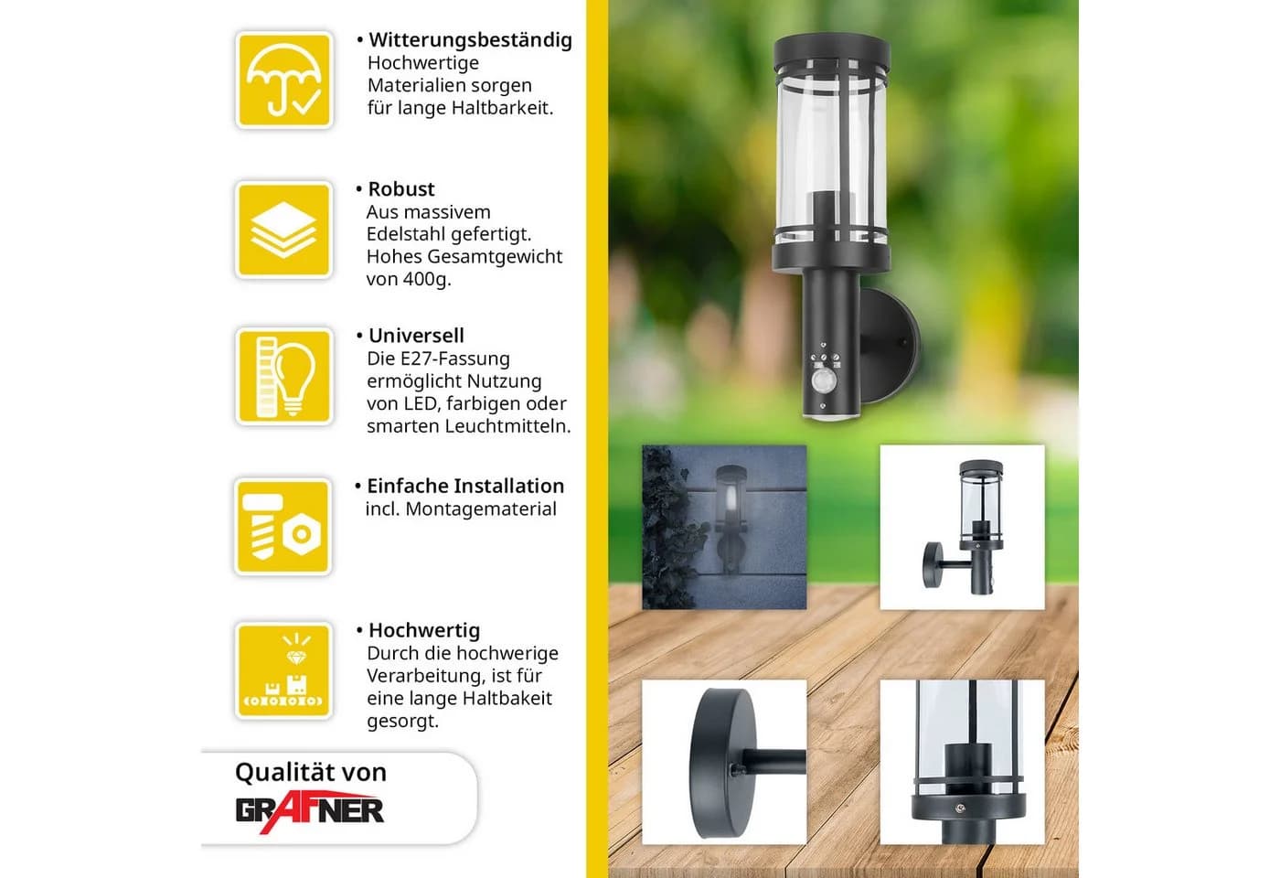 Grafner Wandleuchte WL11003 Edelstahl mit Bewegungsmelder Anthrazit