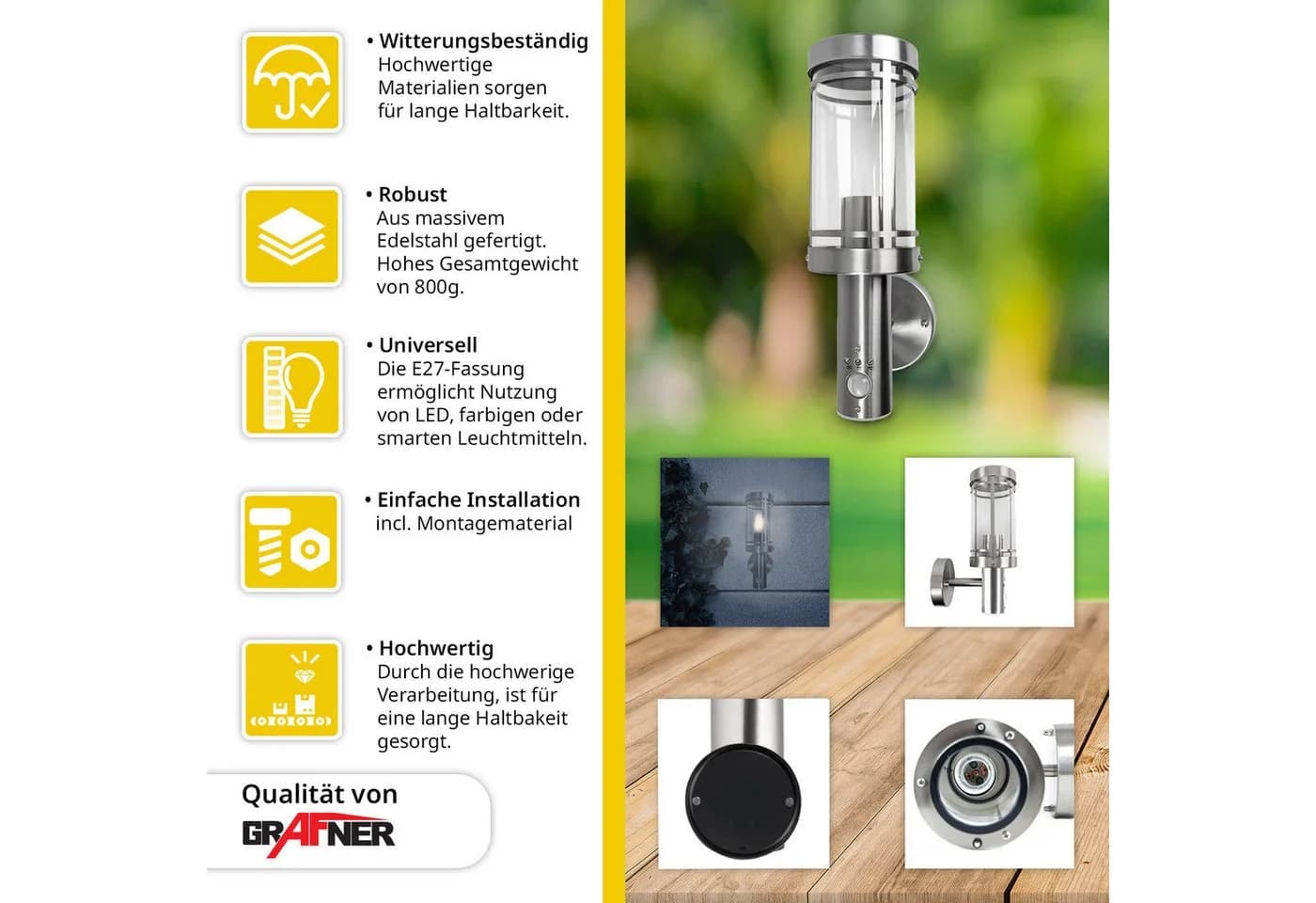 Grafner Außen-Wandleuchte mit Bewegungsmelder Edelstahl E27
