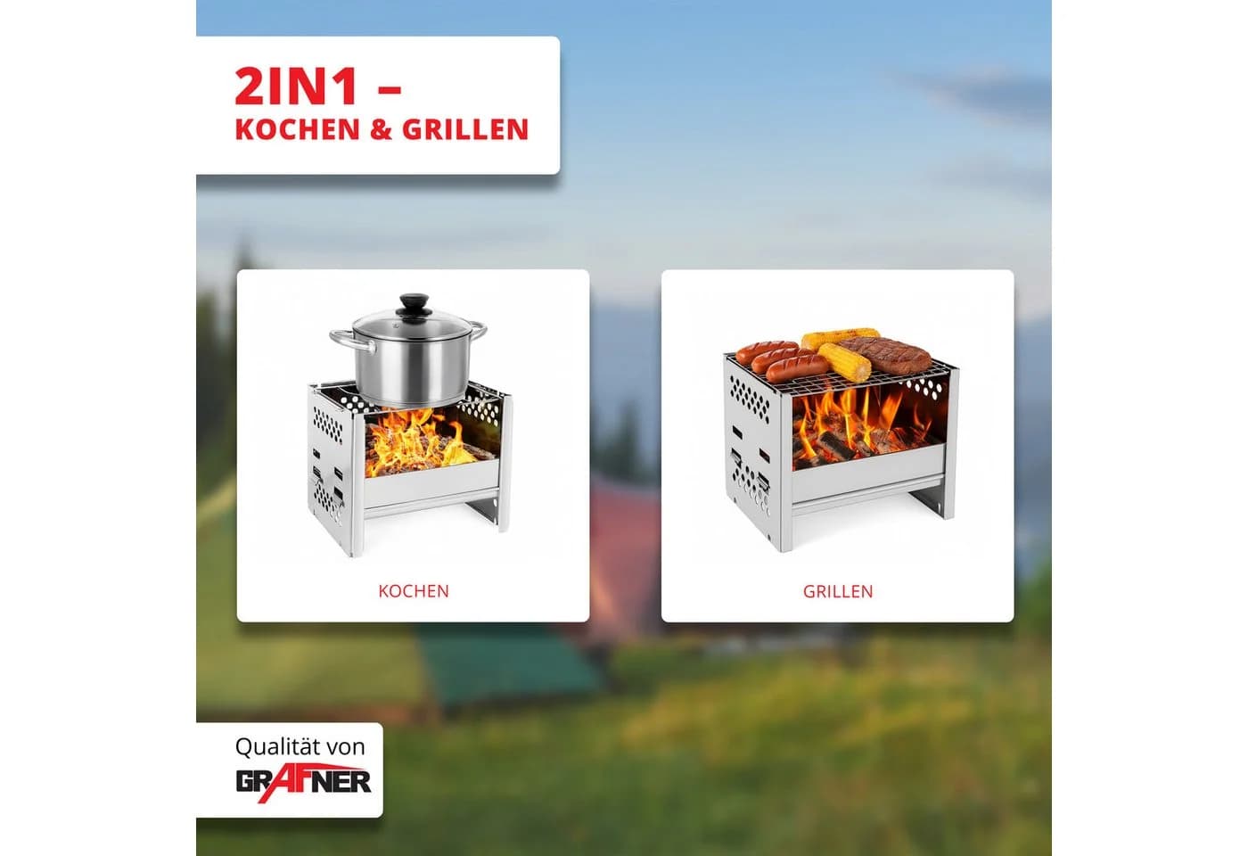 Grafner Faltbarer Campingkocher & Holzkohlegrill Edelstahl - Bild 4
