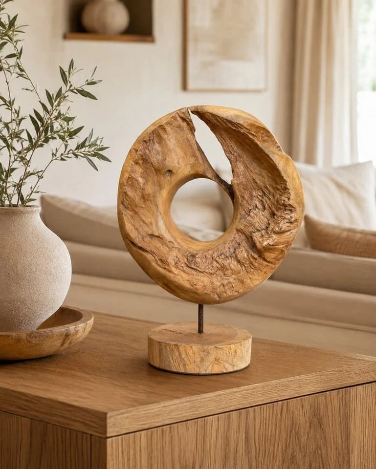 FaHome Skulptur Teakholz Ringform Wurzelholz natürliche Maserung