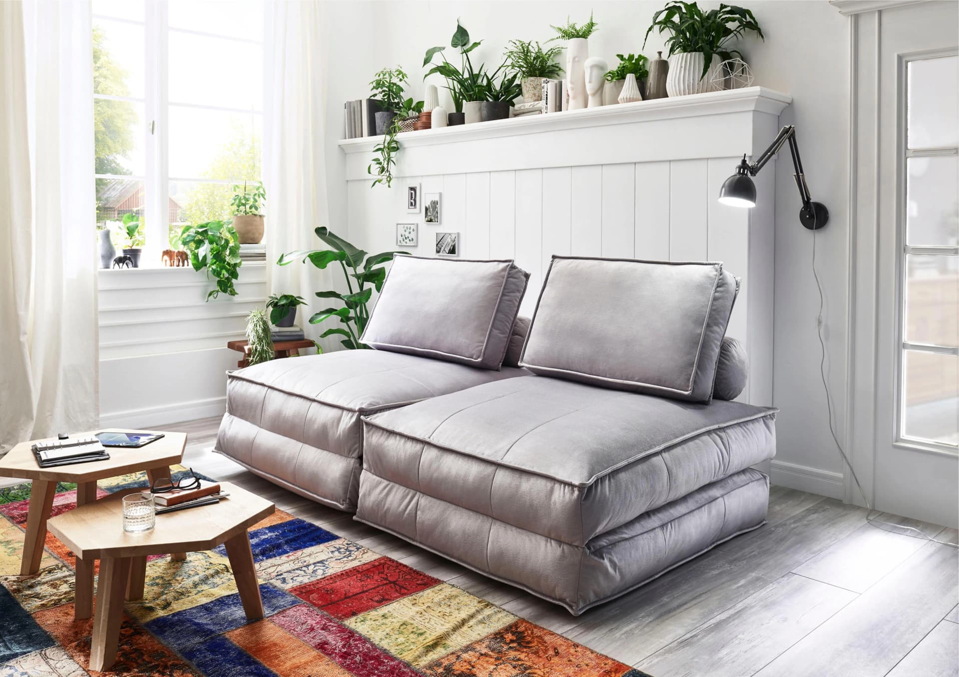 XXL-Sessel Miro hellgrau Samtvelours Gästebett ATLANTIC HOME COLLECTION