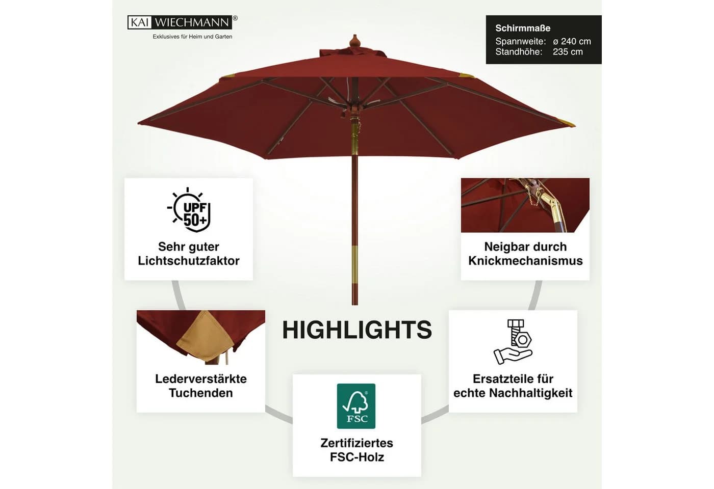 Kai Wiechmann Balkonschirm 240 cm Roter Sonnenschirm mit Kippgelenk