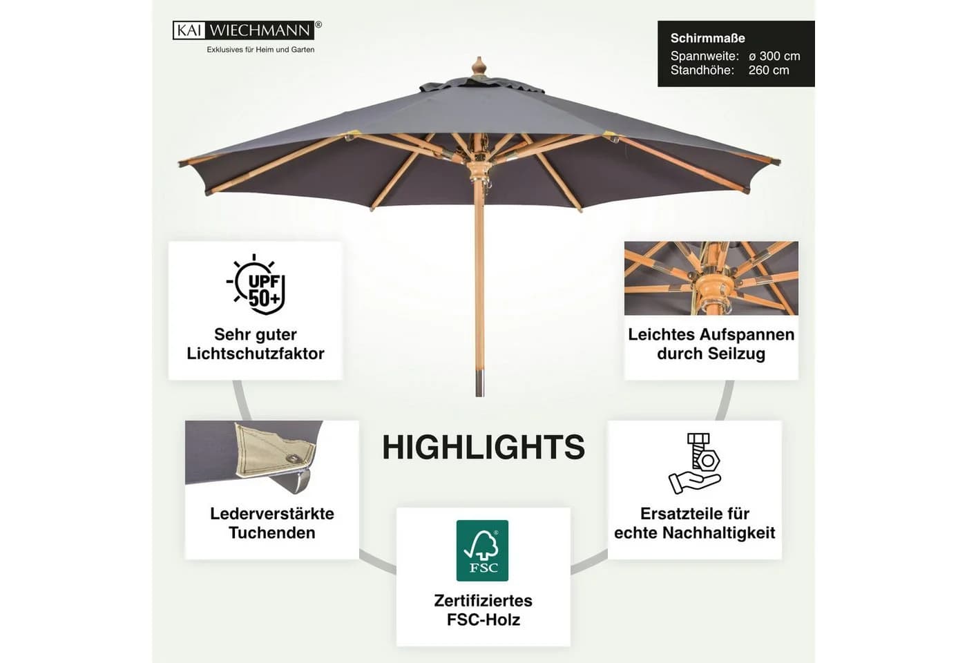 Kai Wiechmann Sonnenschirm 300 cm Anthrazit Holz