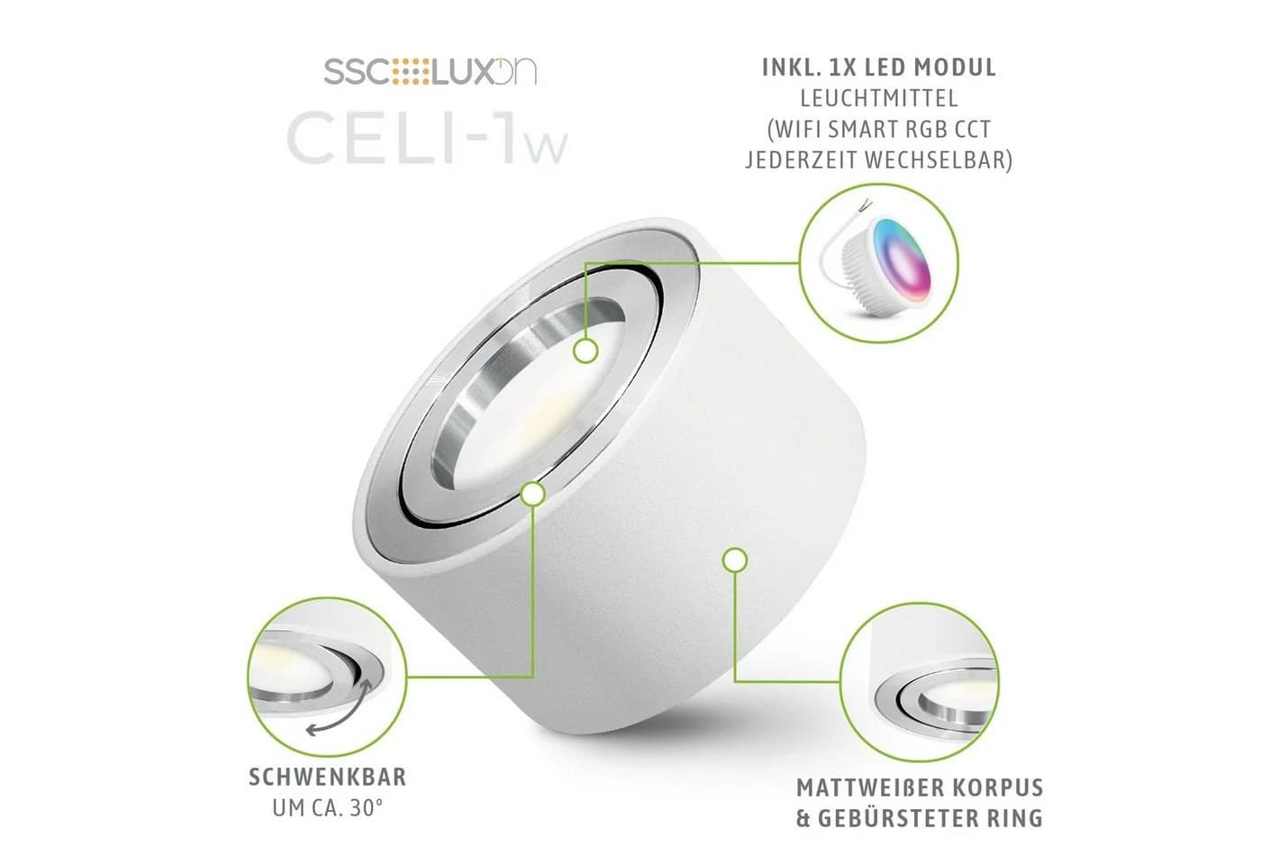 SSC-LUXon LED Aufbaustrahler CELI-1W Weiß Schwenkbar RGB WLAN Dimmbar - Bild 5