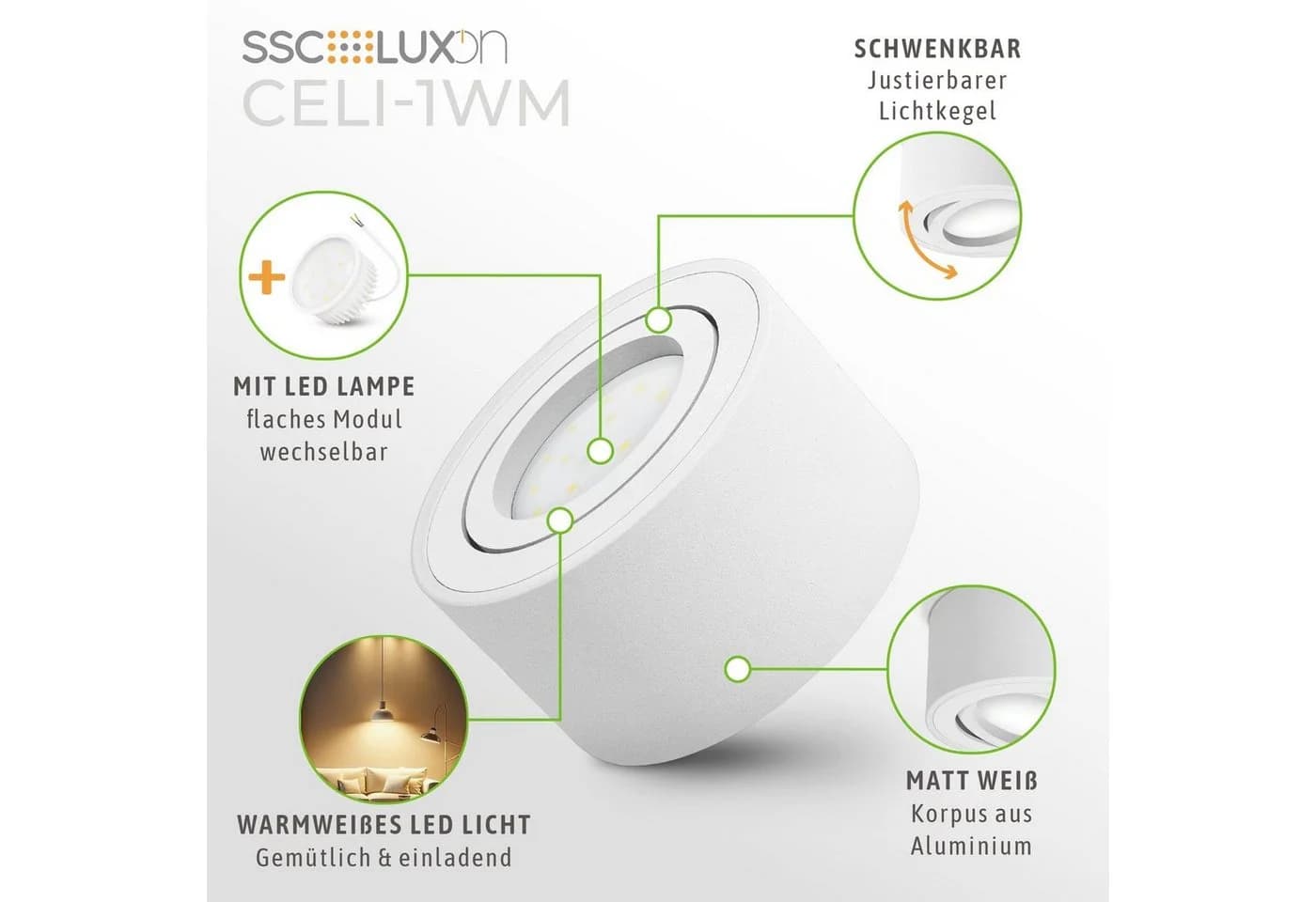 SSC-LUXon LED Aufbaustrahler CELI-1WM Weiß 6W Dimmbar Schwenkbar - Bild 5