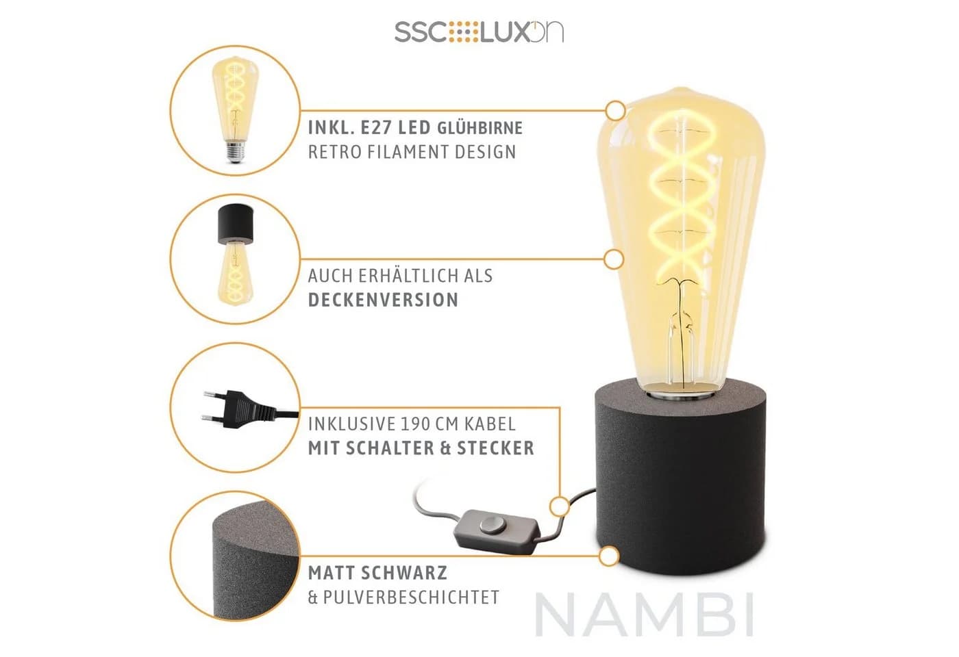 SSC-LUXon LED Tisch- & Wandlampe NAMBI Schwarz Industrial Retro - Bild 3