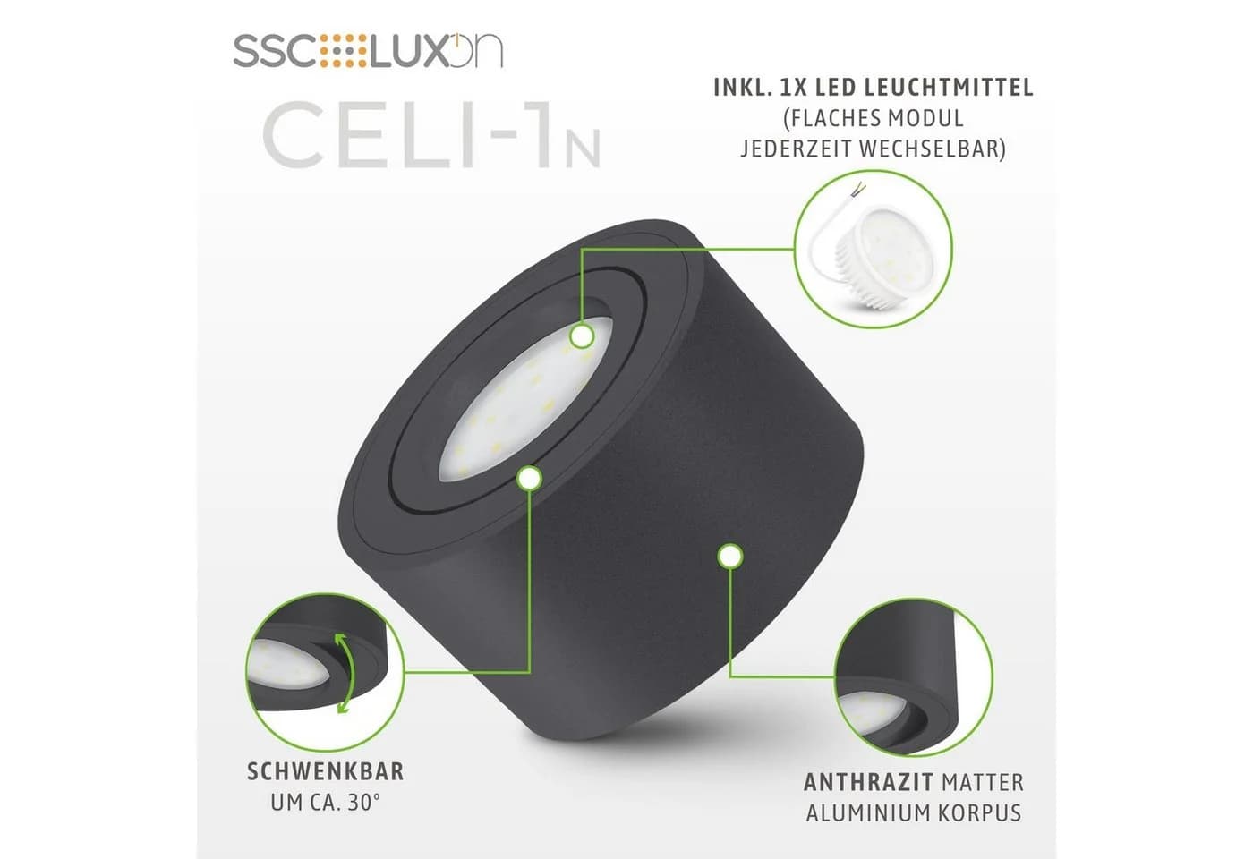 SSC-LUXon LED Aufbaustrahler CELI-1N Anthrazit 6W dimmbar 3CCT - Bild 5