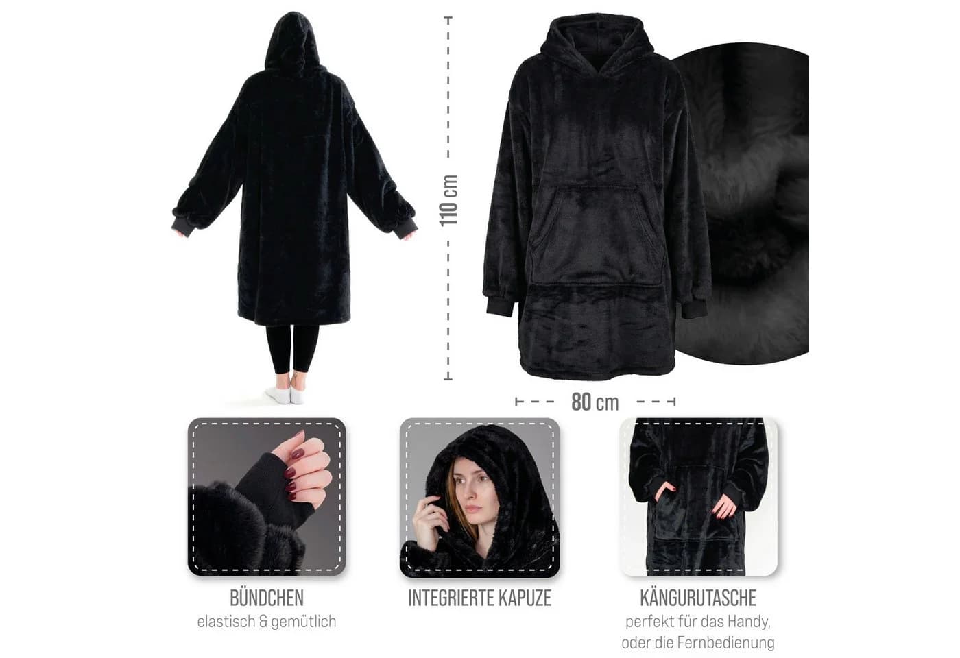 my STITCHERY Wohndecke Hoodie Schwarz Personalisiert Sherpa mit Ärmeln - Bild 3