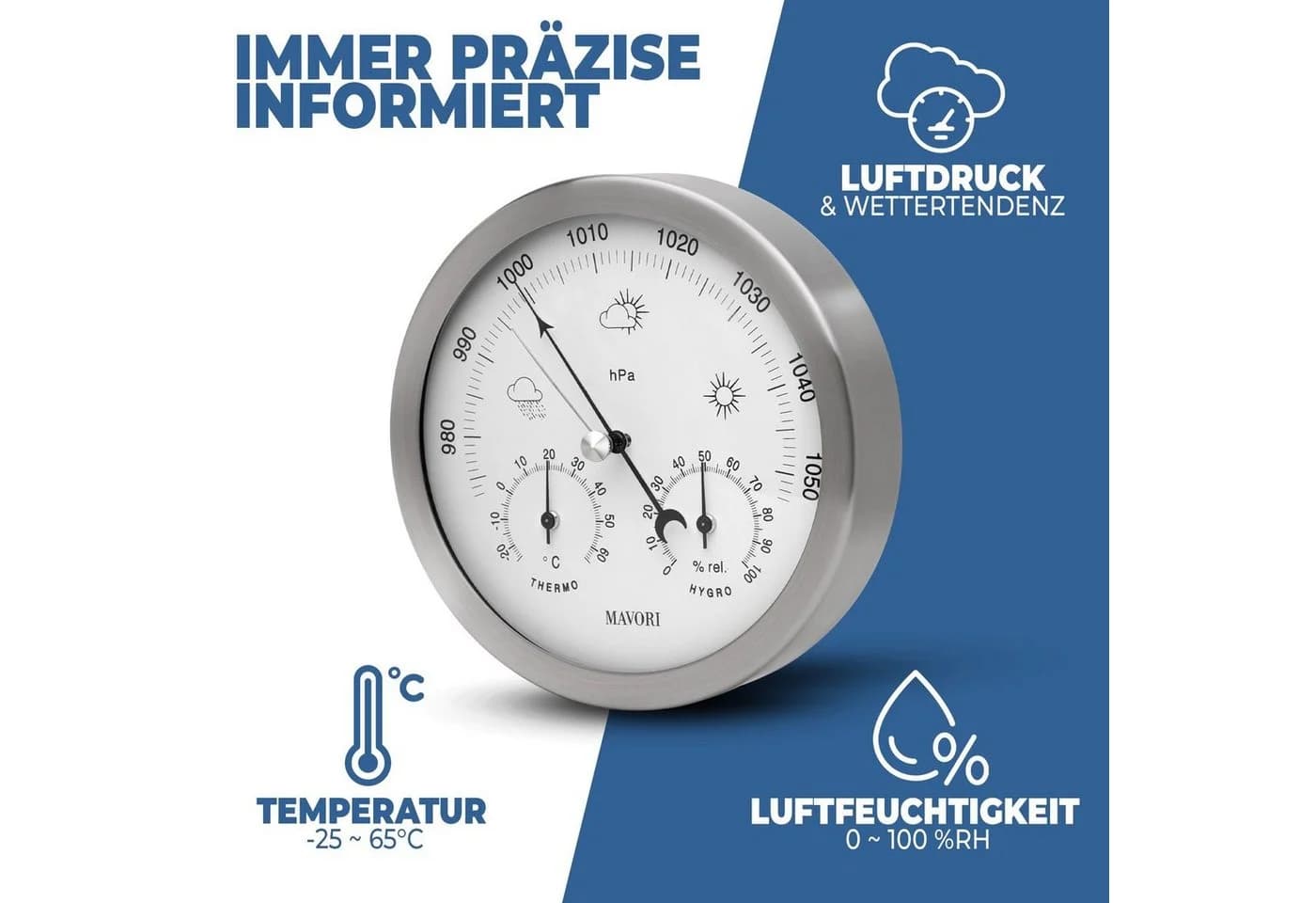MAVORI analoge Wetterstation - 3in1 Barometer, Hygrometer & Thermometer
