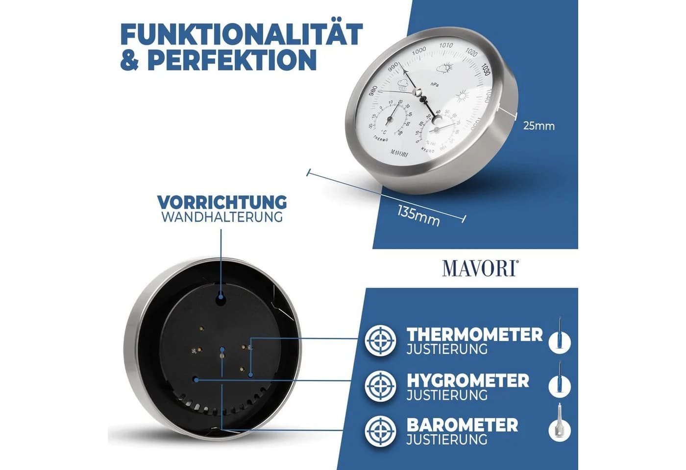 MAVORI analoge Wetterstation - 3in1 Barometer, Hygrometer & Thermometer - Bild 3