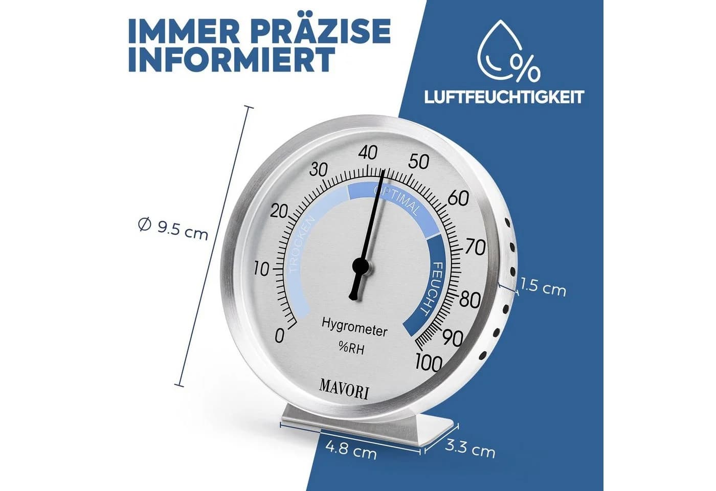 MAVORI Hygrometer Analog Edelstahl Präzise Stilvoll Batteriefreier Betrieb Bi-Metall