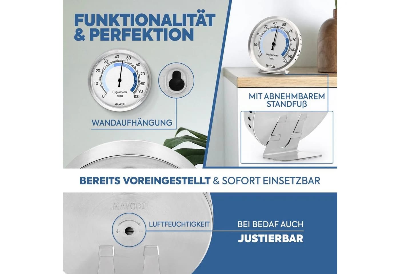 MAVORI Hygrometer Analog Edelstahl Präzise Stilvoll Batteriefreier Betrieb Bi-Metall - Bild 3
