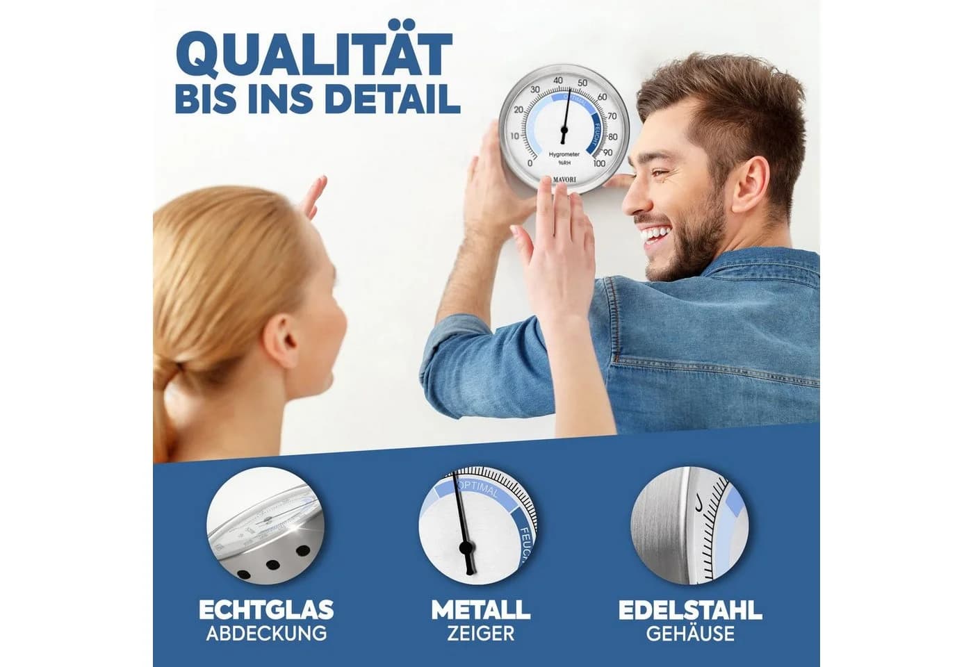 MAVORI Hygrometer Analog Edelstahl Präzise Stilvoll Batteriefreier Betrieb Bi-Metall - Bild 4