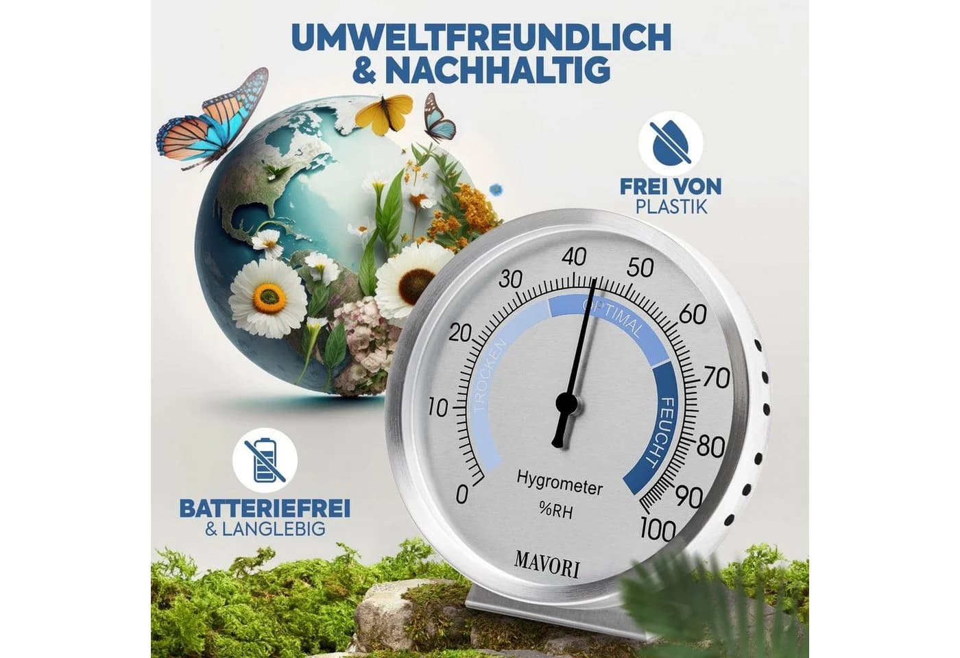 MAVORI Hygrometer Analog Edelstahl Präzise Stilvoll Batteriefreier Betrieb Bi-Metall - Bild 5