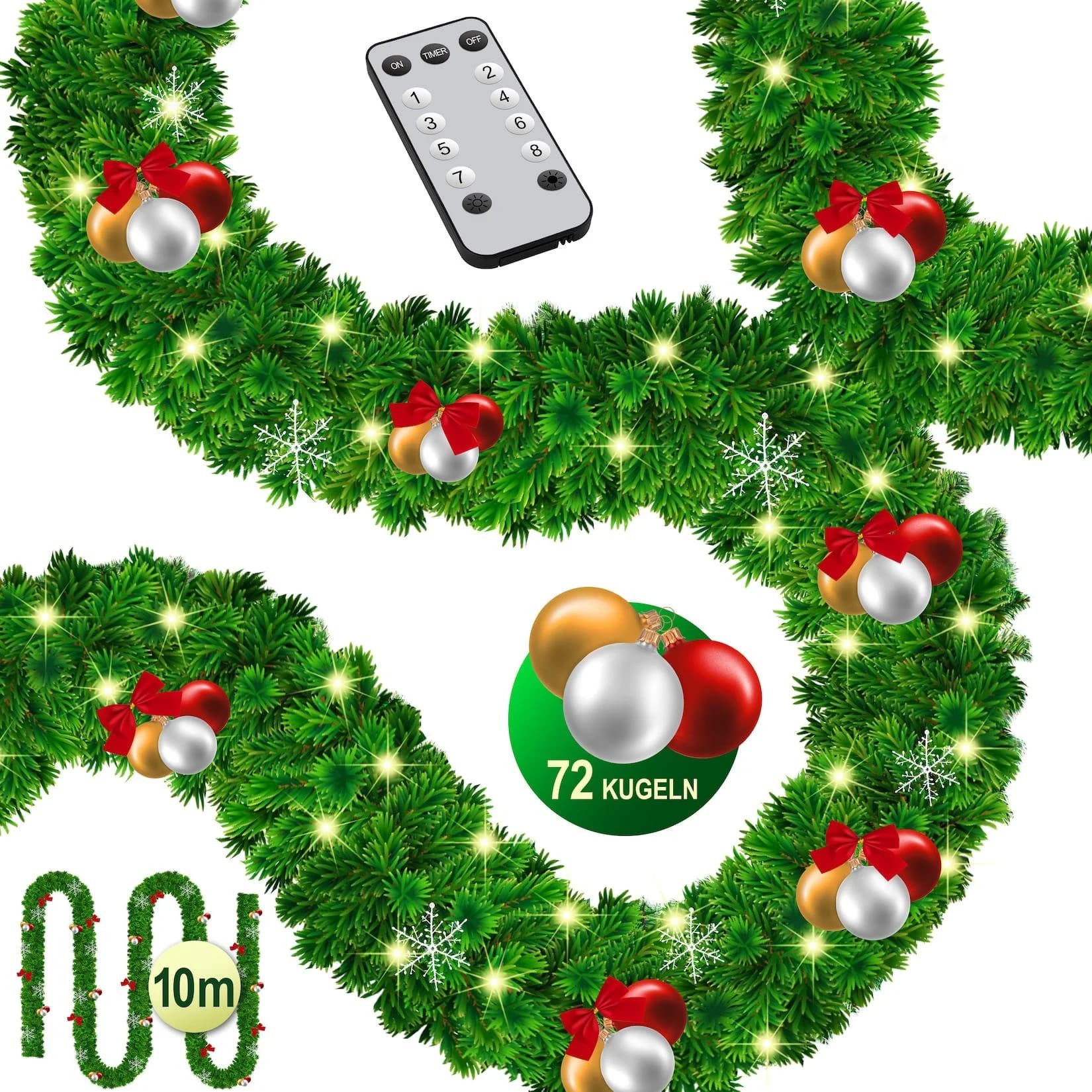 KESSER® Weihnachtsgirlande mit LED – 5 m oder 10 m, 100–200 LEDs, IP44, Naturgrün, mit Schnee-Effekt je nach Modell, für Outdoor & Indoor, mit Fernbedienung