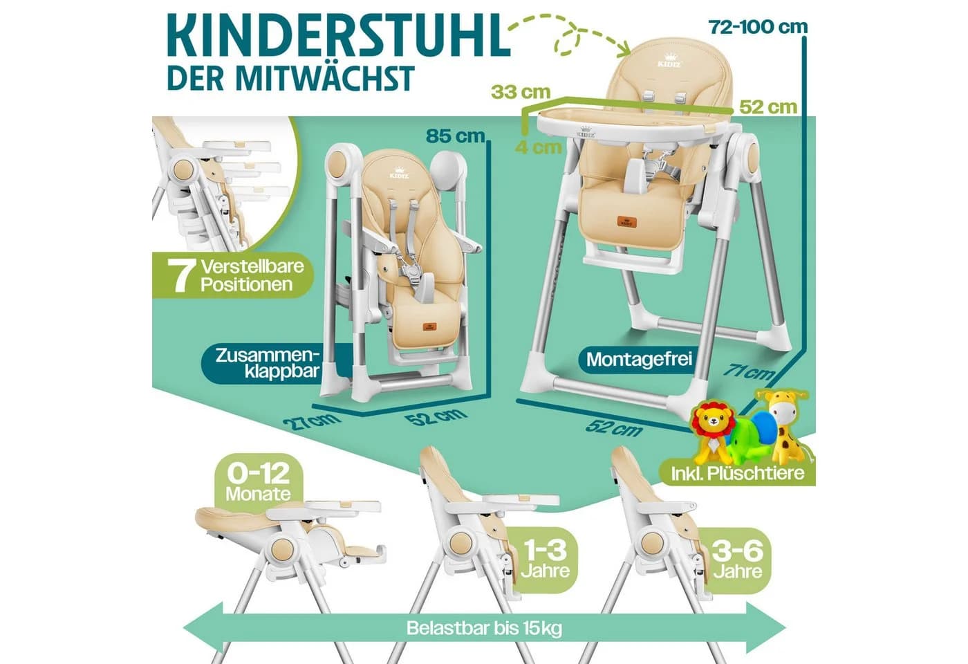 KIDIZ® 3in1 Hochstuhl Kinderhochstuhl inkl. Spielbügel, Babyliege, Kombihochstuhl, Babyhochsitz - Bild 2